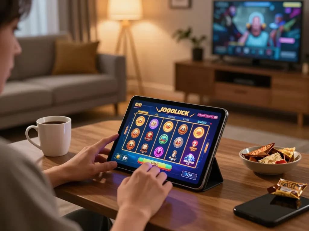 Engaged player enjoying a mobile jogoluck casino slot game on a tablet in a cozy home environment.