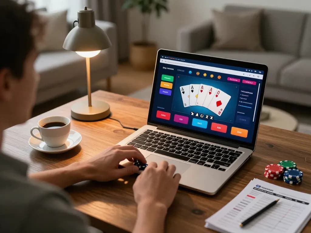 U888 player enjoying poker game on laptop with strategic notes and coffee in cozy home setting