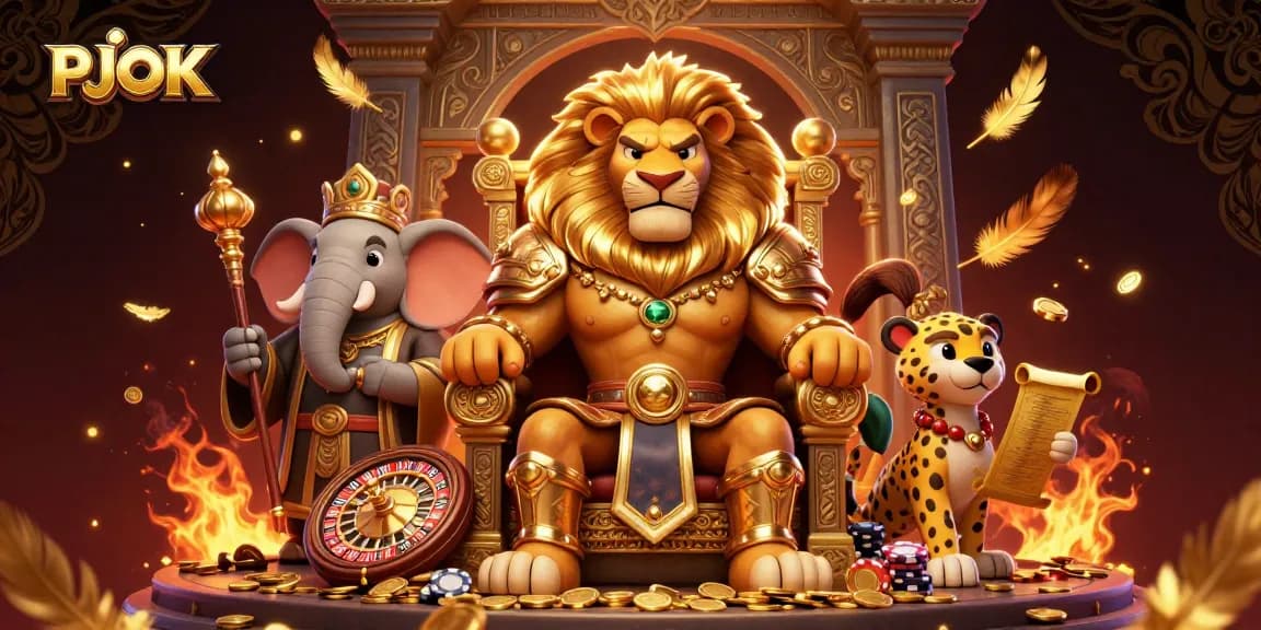 PJOK's vibrant 3D illustration showcases a lion king, elephant advisor, and cheetah messenger amidst thrilling casino elements.