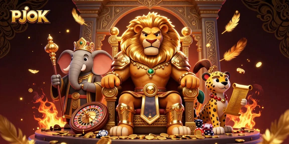 PJOK's vibrant 3D illustration showcases a lion king, elephant advisor, and cheetah messenger amidst thrilling casino elements.