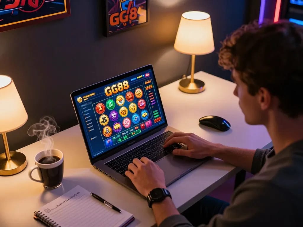 Player experiencing GG88 SLOT on modern laptop with vibrant graphics and warm lighting.