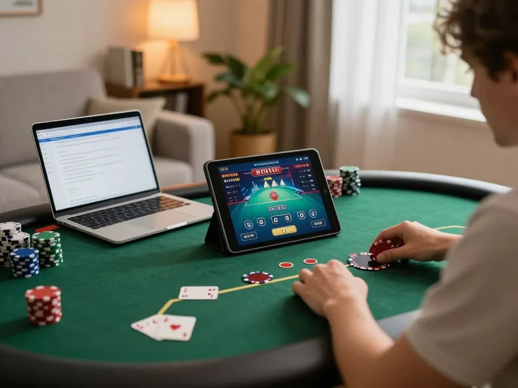 Player enjoying TV88 online poker on tablet at home, showcasing engaging gaming atmosphere.