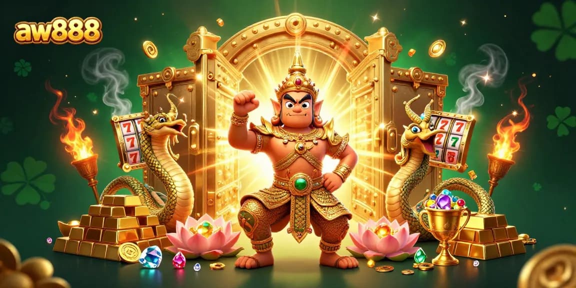 Aw888 invites players to experience thrilling gameplay with vibrant visuals in this captivating casino illustration.