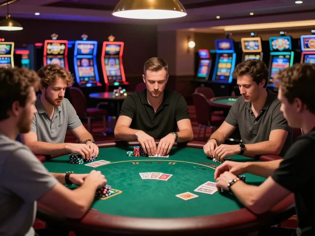 Players engaging intensely in a poker game at 99ok's upscale casino, creating a thrilling atmosphere.