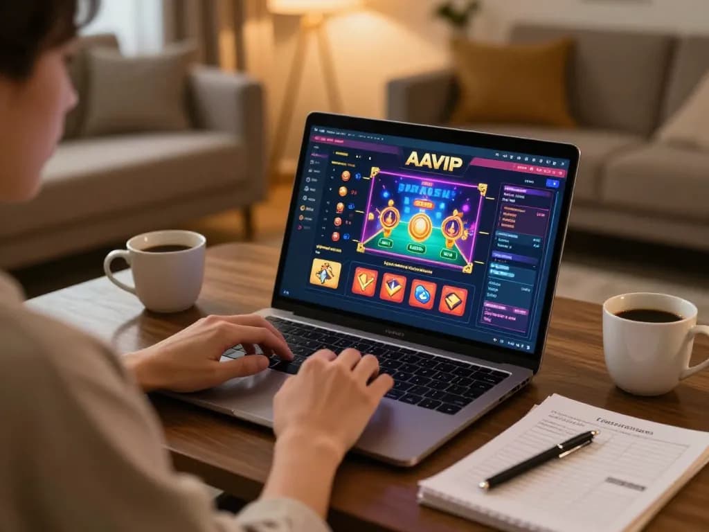 Momento de jogos online AAVIP com um jogador focado no laptop, exibindo uma interface de cassino vibrante e um ambiente aconchegante.