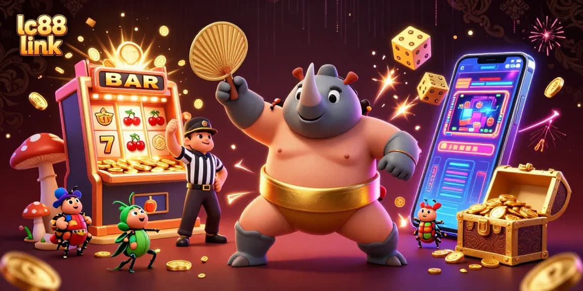 Experience thrilling gameplay at lc88 link with a dynamic scene of a beetle sumo champion surrounded by casino elements.