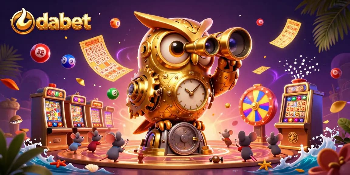 dabet brings excitement with a clockwork owl and animated lottery elements in a vibrant casino scene