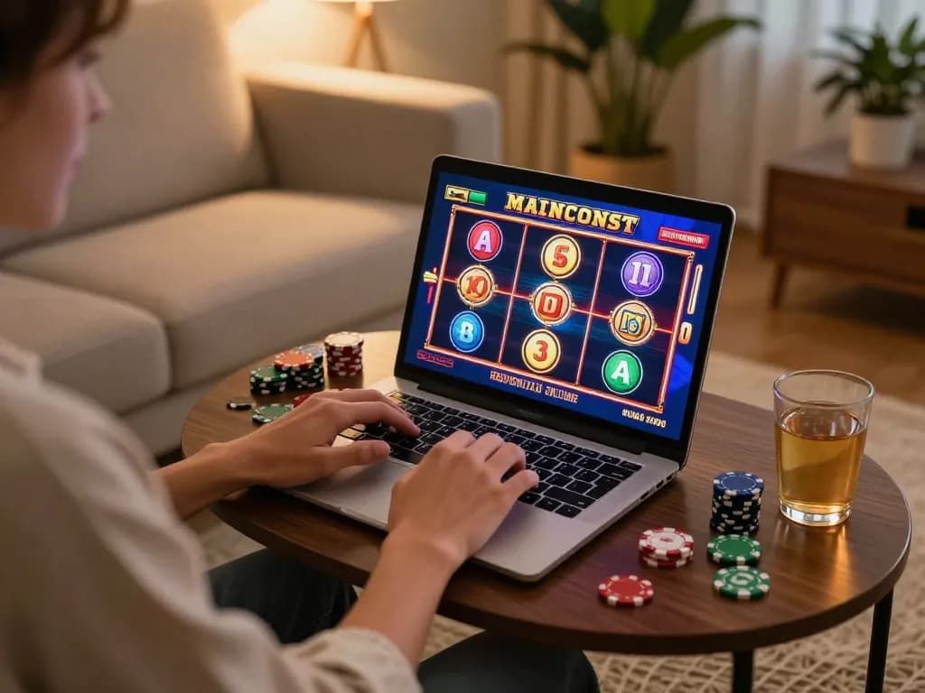Engaging in online slot games on a laptop, showcasing lucky88z gaming experience in a cozy living room.