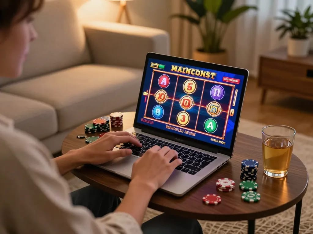 Engaging in online slot games on a laptop, showcasing lucky88z gaming experience in a cozy living room.