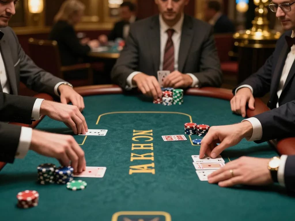 Engaged players participating in game bài at a luxurious casino poker table.