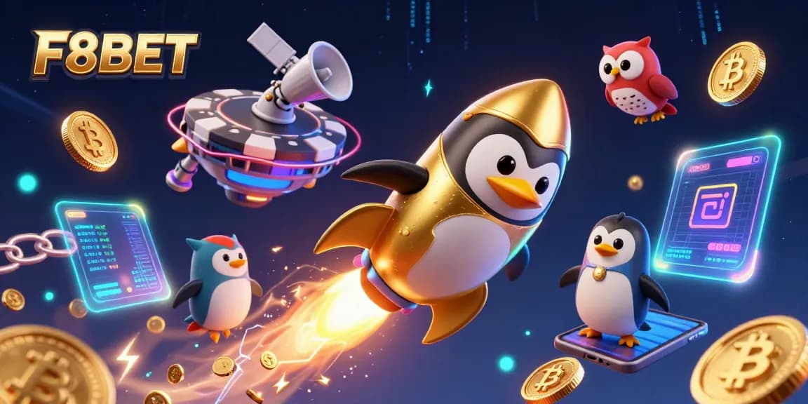 Engage with F8BET's thrilling gaming explosion featuring a golden penguin and crypto elements!