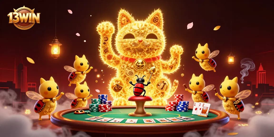 Experience the excitement of 13WIN with a vibrant 3D illustration of a lucky cat and casino elements.