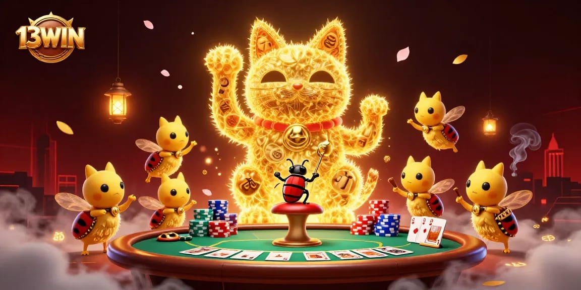 Experience the excitement of 13WIN with a vibrant 3D illustration of a lucky cat and casino elements.