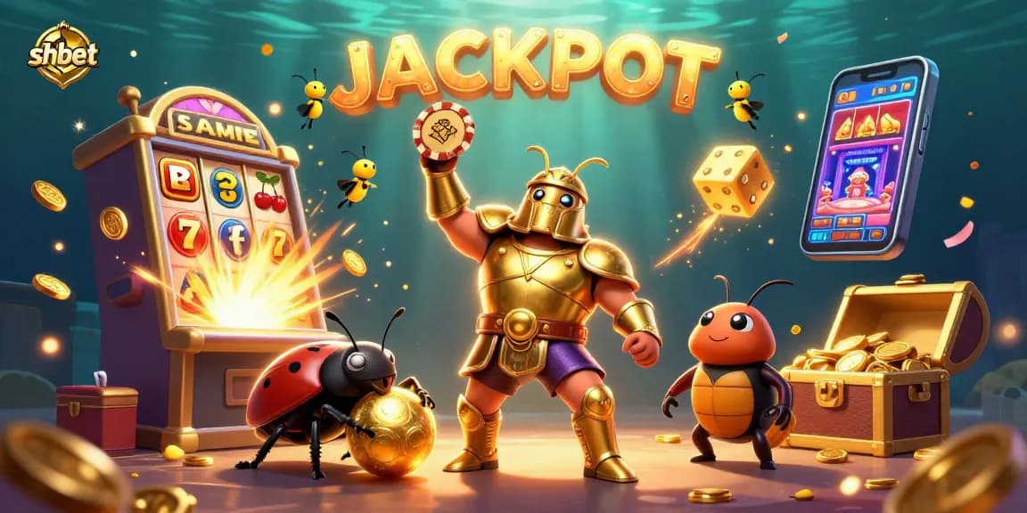 shbet brings excitement with a dynamic scene featuring a victorious gladiator beetle and vibrant casino elements