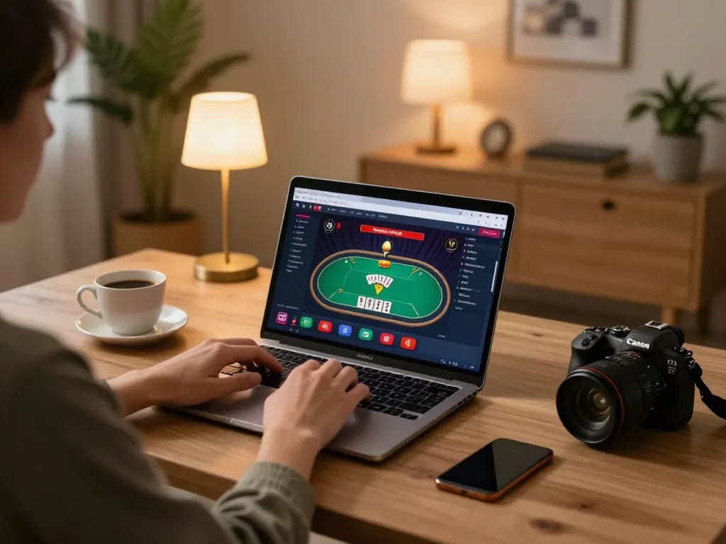 Person engaging in an online poker game on laptop, showcasing lc888 casino experience at home with cozy atmosphere