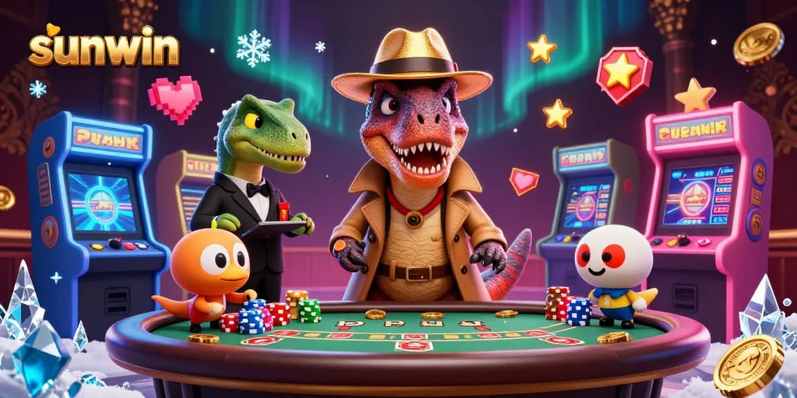 Watch a sunwin-themed scene with a velociraptor card counter and stegosaurus pit boss at an exciting casino table.