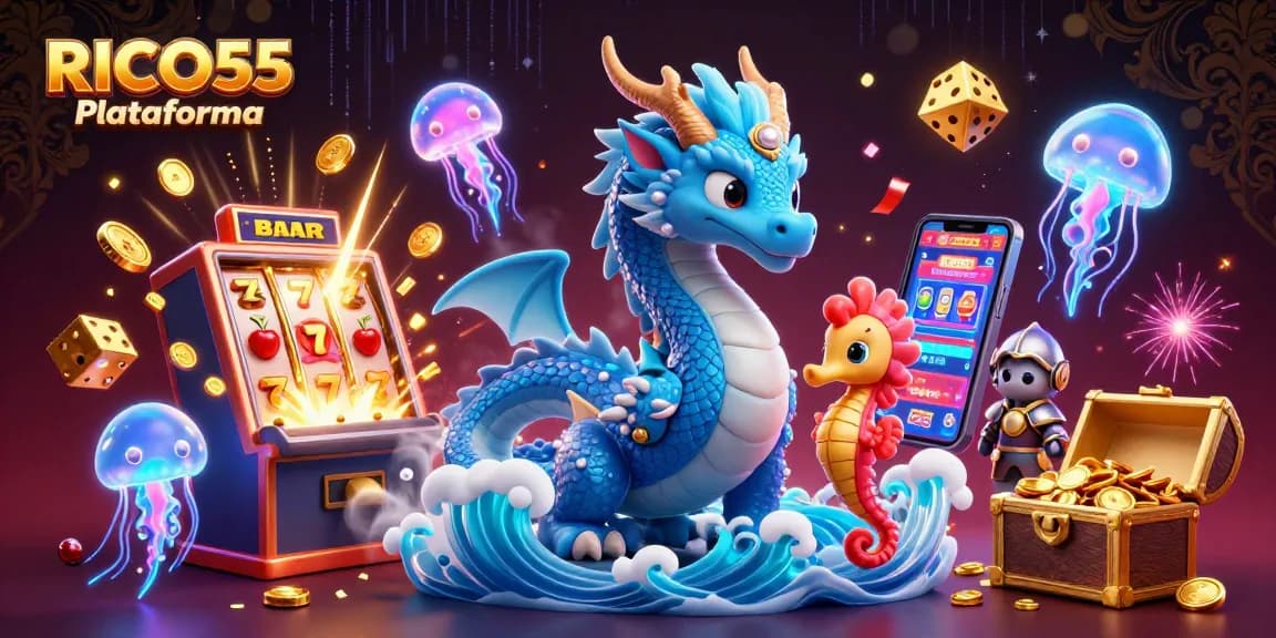 Experience thrilling wins with RICO55 Plataforma in a vibrant casino fantasy scene featuring games and immersive characters.