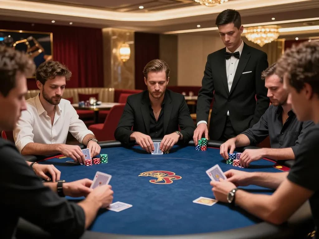 Players engaging in an intense poker game at NET88's upscale casino, showcasing strategy and excitement.