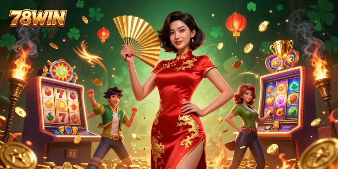 Engage with 78WIN's vibrant 3D slot game scene featuring cascading gold coins and dynamic slot reels.