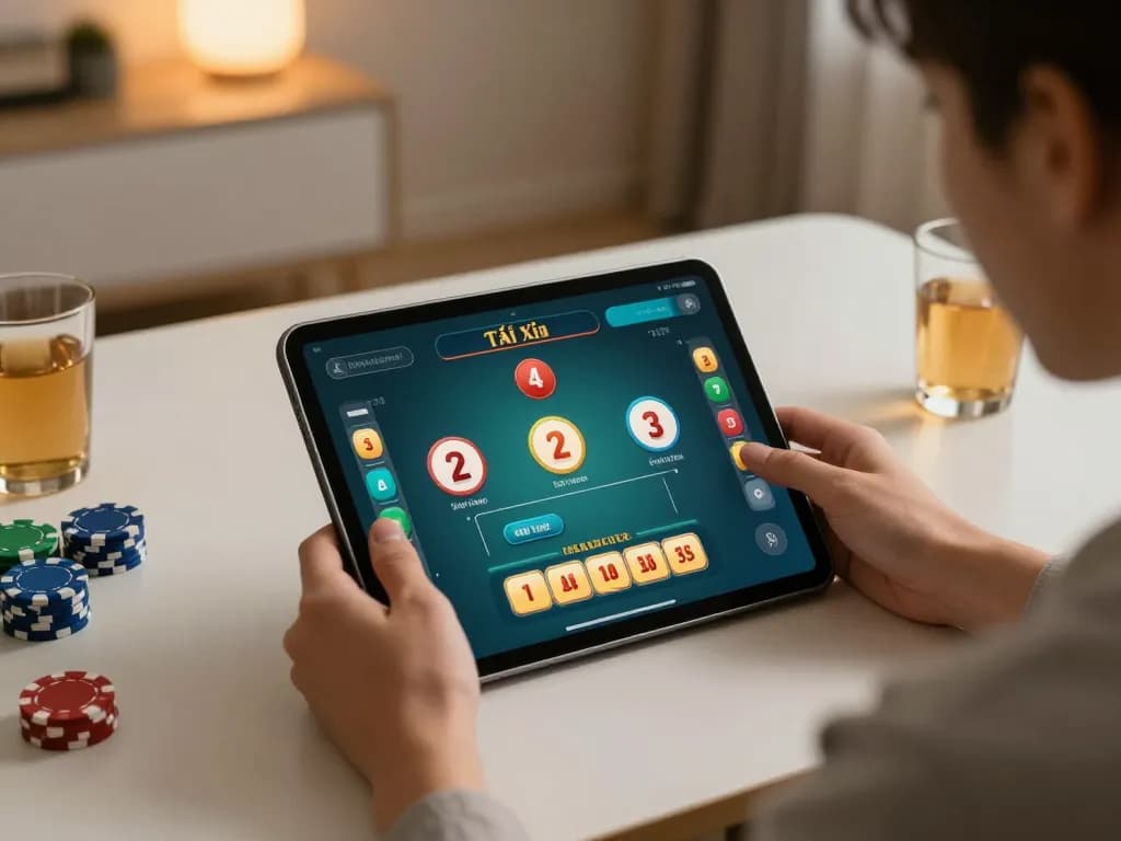 Tài Xỉu online uy tín gameplay on a tablet in a cozy home setup, emphasizing strategic betting.
