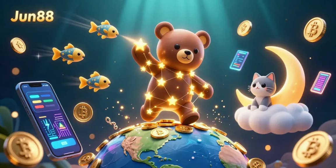 Engage with Jun88's thrilling experiences as the constellation bear scoops up coins, surrounded by dynamic gaming elements.