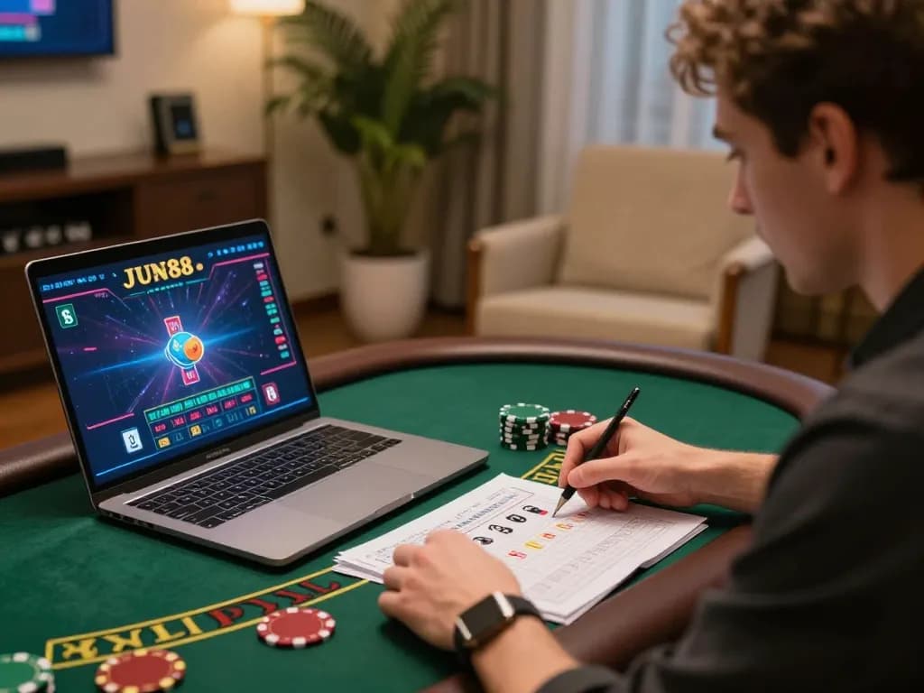 A user explores link Jun88 engaging in live dealer games on their laptop in a cozy home setting.