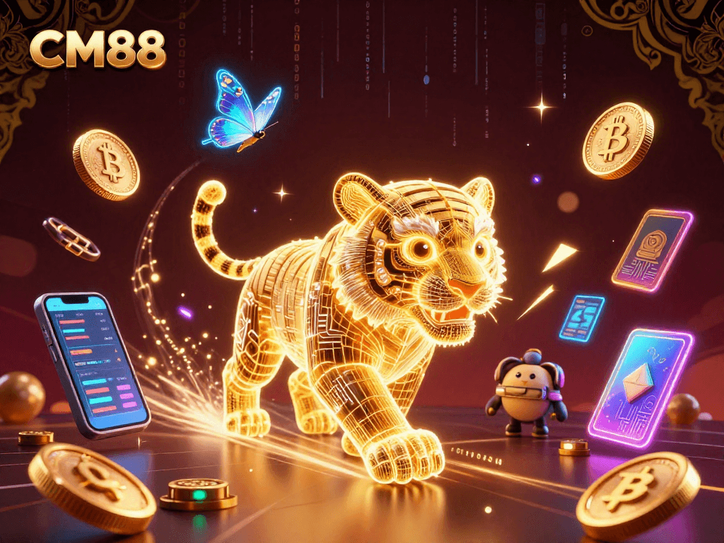 Experience the electrifying world of CM88 with a dazzling casino scene featuring a radiant golden tiger and crypto elements.