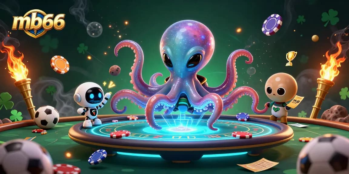 Experience thrilling sports betting at mb66 with a 3D cartoon alien octopus at a poker table.