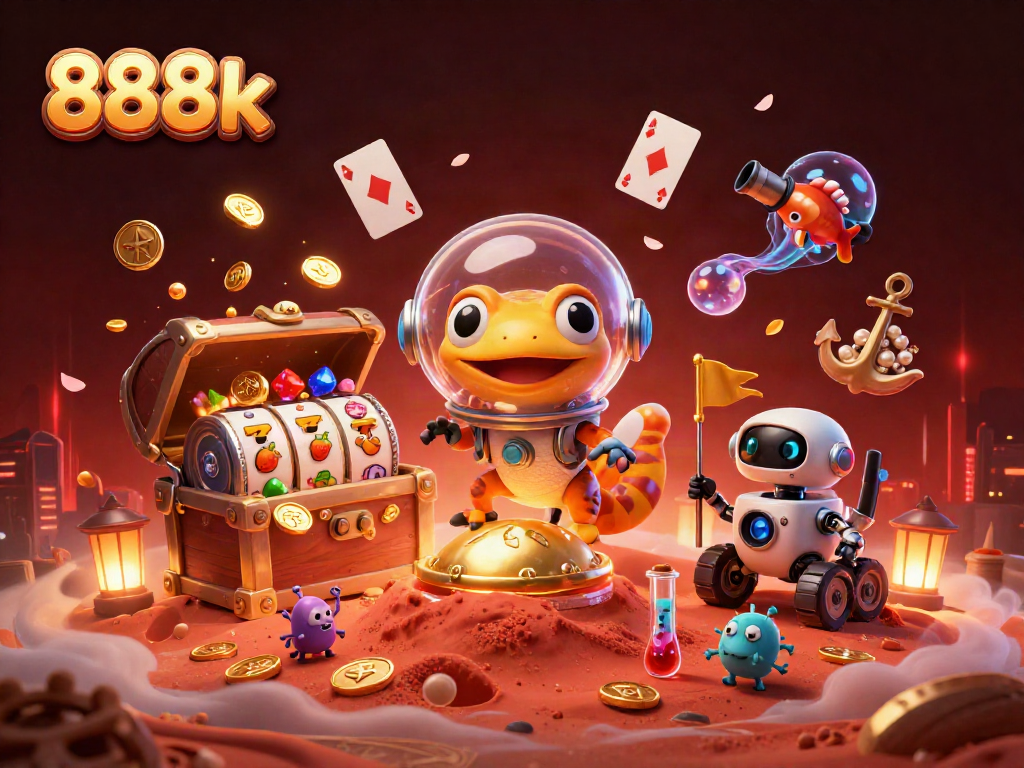 Catch the excitement at 888k with Martian gecko exploring a golden casino, surrounded by vibrant slot games and treasures.