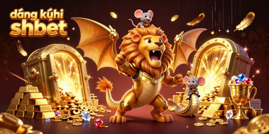Experience the excitement of đăng ký shbet with a chimera and mouse atop golden treasure in a lively casino scene.