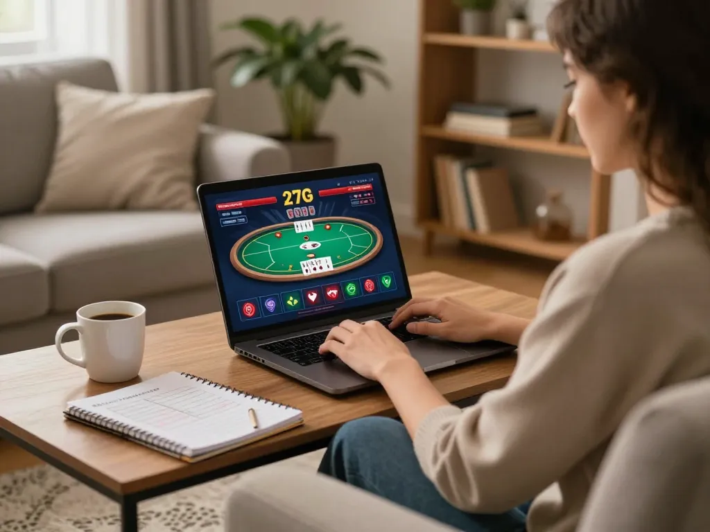 Engaging in online gaming through the 27G platform in a cozy home atmosphere with strategy notes visible.