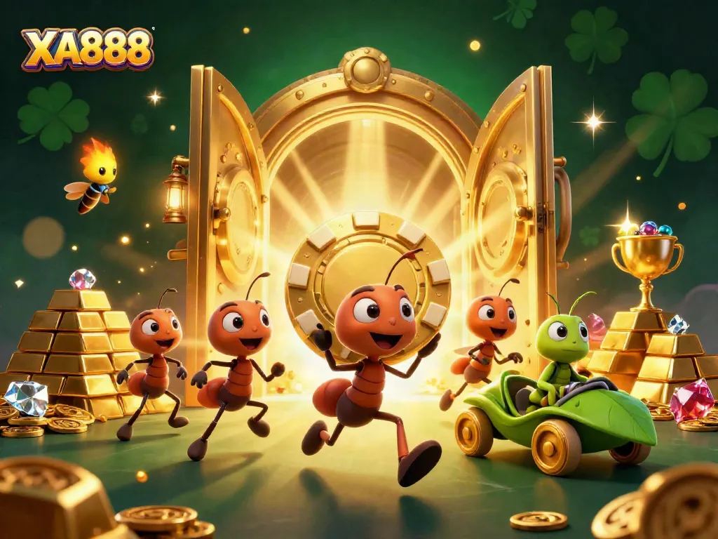 Win big with XA888 as playful ants heist golden poker chips in a dazzling, vibrant casino adventure.