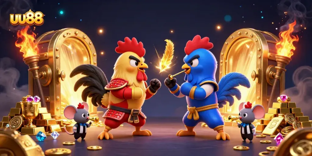Experience intense rooster battles at uu88 while surrounded by treasure in a dynamic 3D illustration.