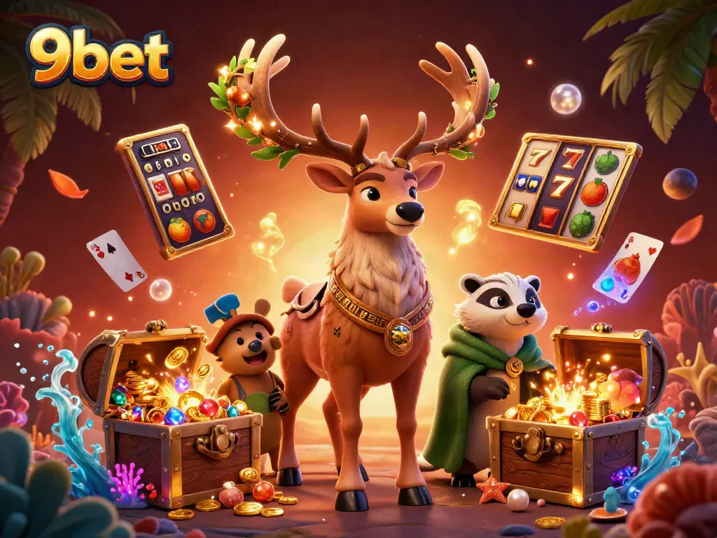 Experience the thrilling world of 9bet with vibrant 3D illustrations of gaming adventures.