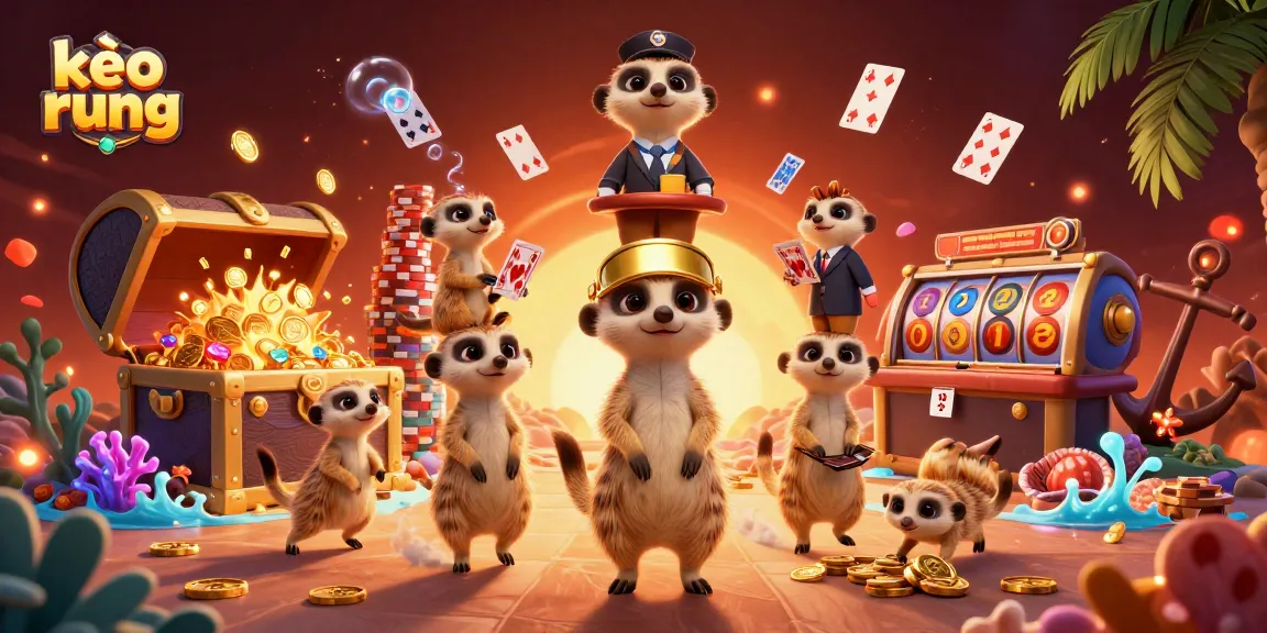 Experience the thrilling kèo rung action with cartoon meerkats running a vibrant casino, highlighting colorful gems and golden coins.