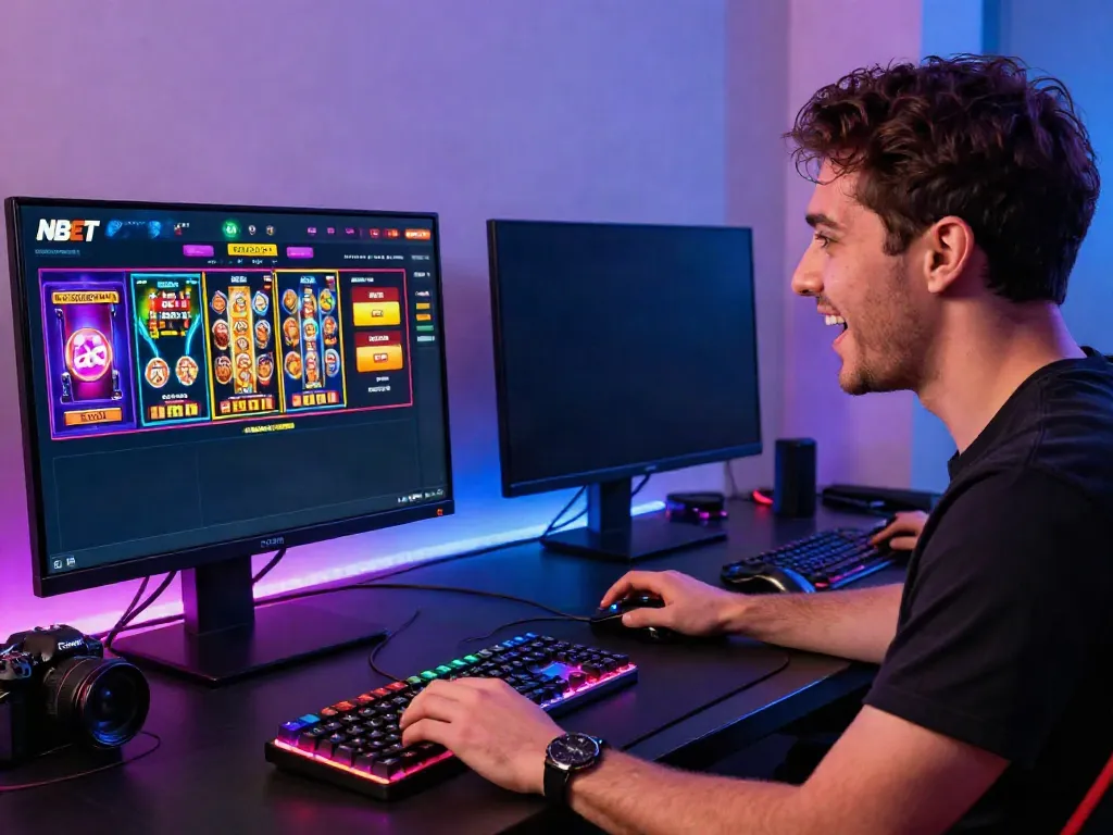 Excited player engaging in online gaming with NBET interface, showcasing vibrant gaming setup.