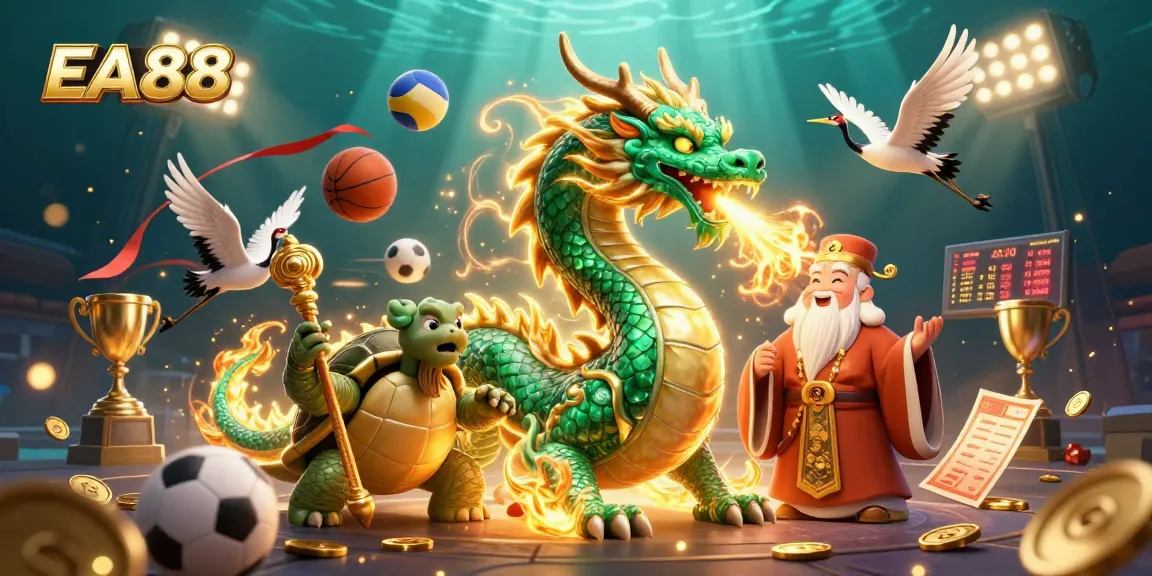 Engage with EA88's epic gambling scene featuring a majestic dragon and dynamic sports elements.