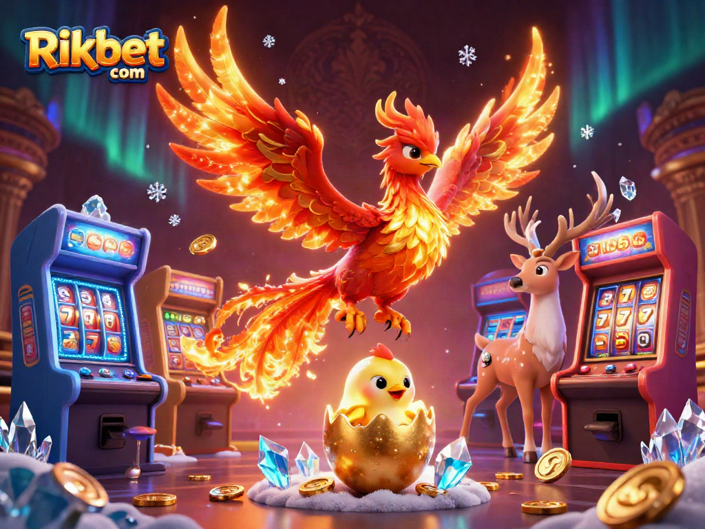 Experience thrilling wins at Rikbet com with a dazzling phoenix and vibrant casino elements.