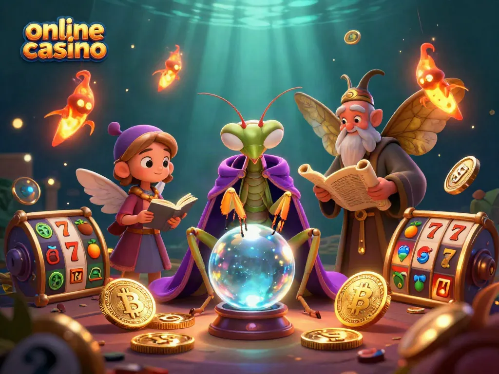 Engaging illustration showcasing an online casino scene with a mystical fortune teller, enhanced symbols, and vibrant details.