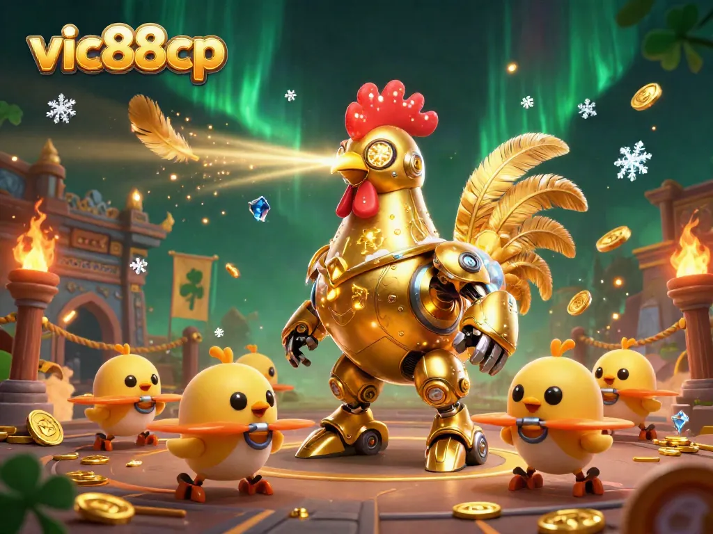 Experience excitement with vic88cp's golden rooster robot and baby chick drones in a vibrant casino setting.