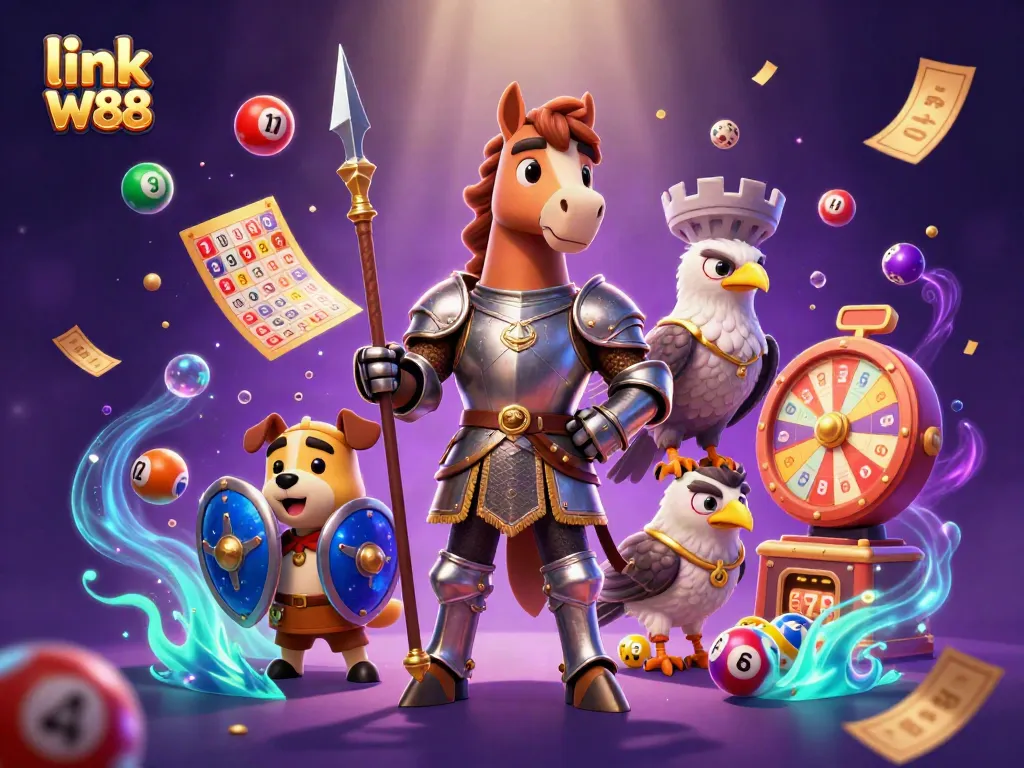 Engage in epic gaming action with link W88, featuring knights, lottery balls, and exciting gambling elements.