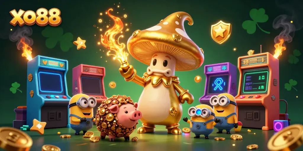 Experience the magic of xo88 with a golden wizard and treasure-hunting enchantments in a colorful casino scene.