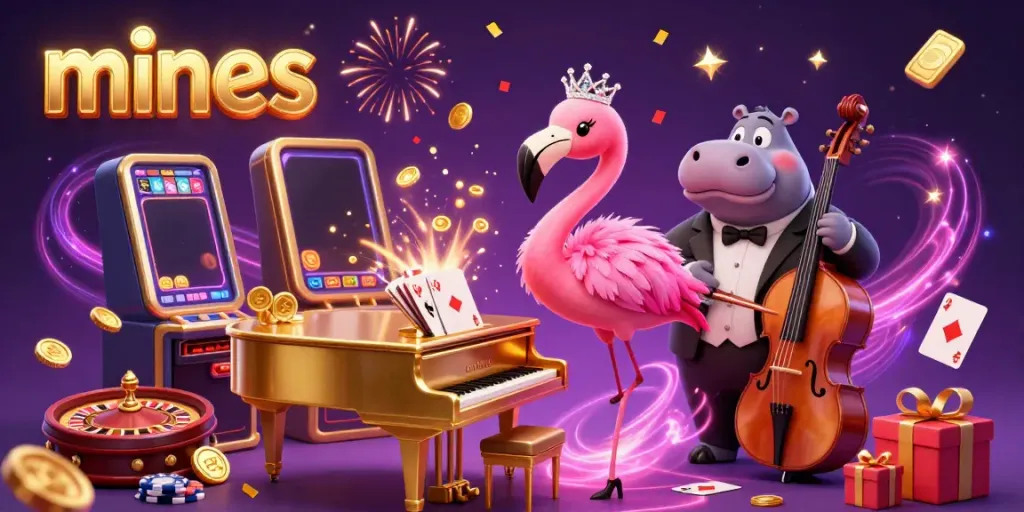 Engage in Mines, featuring a vibrant casino scene with characters celebrating around slot games and casino elements.