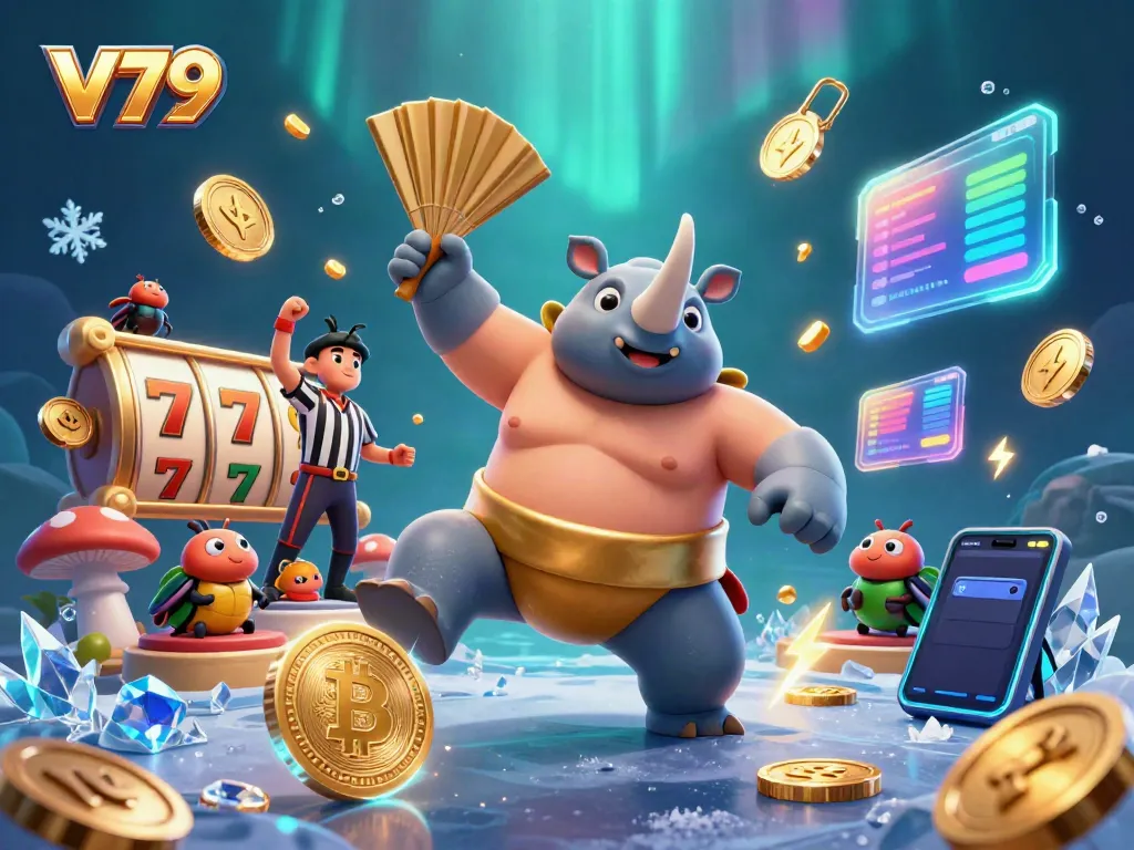 Experience the thrilling V79 casino with a vibrant scene of beetle characters and crypto elements.