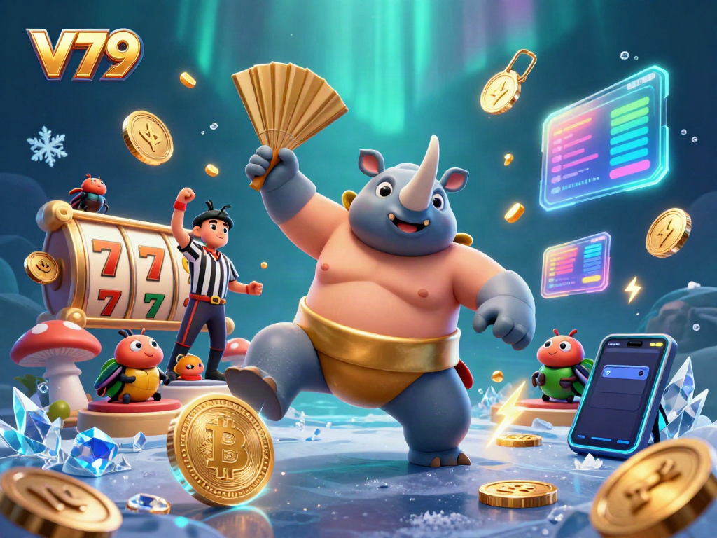 Experience the thrilling V79 casino with a vibrant scene of beetle characters and crypto elements.