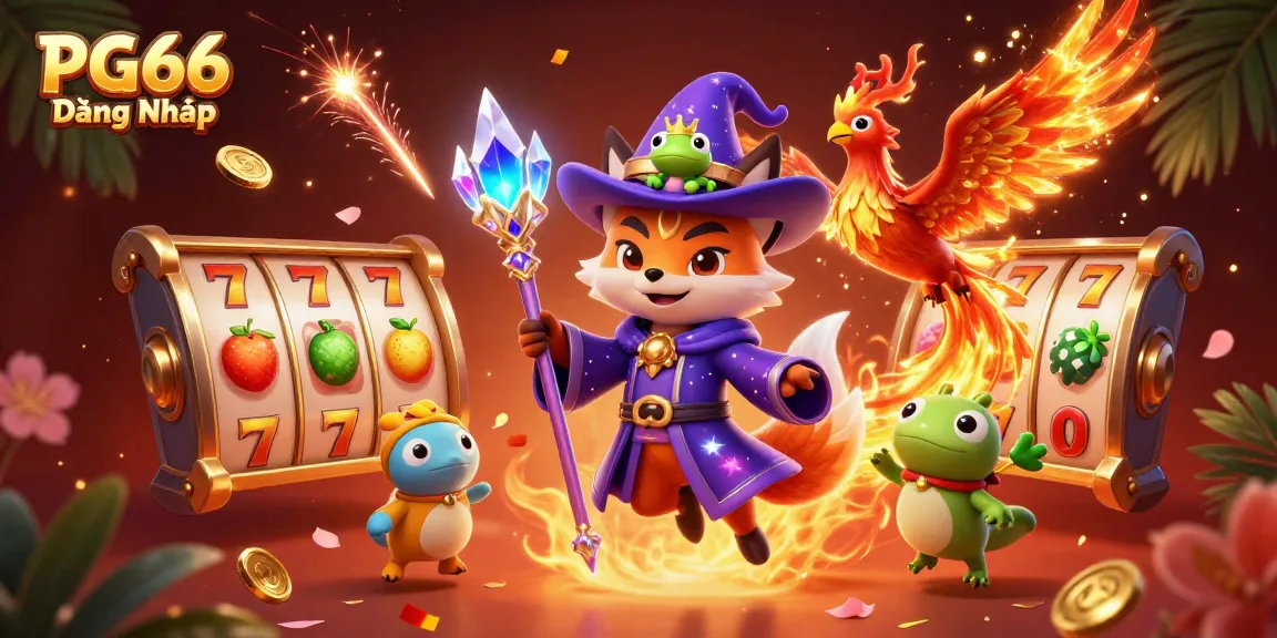 Experience the excitement of PG66 Đăng Nhập with a vibrant scene of a wizard fox and phoenix amidst magical casino elements.