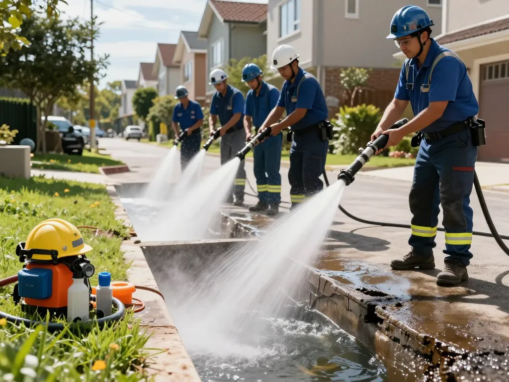 Limpa fossa em São Paulo, professional team using hydrojetting equipment to clean sewage systems.