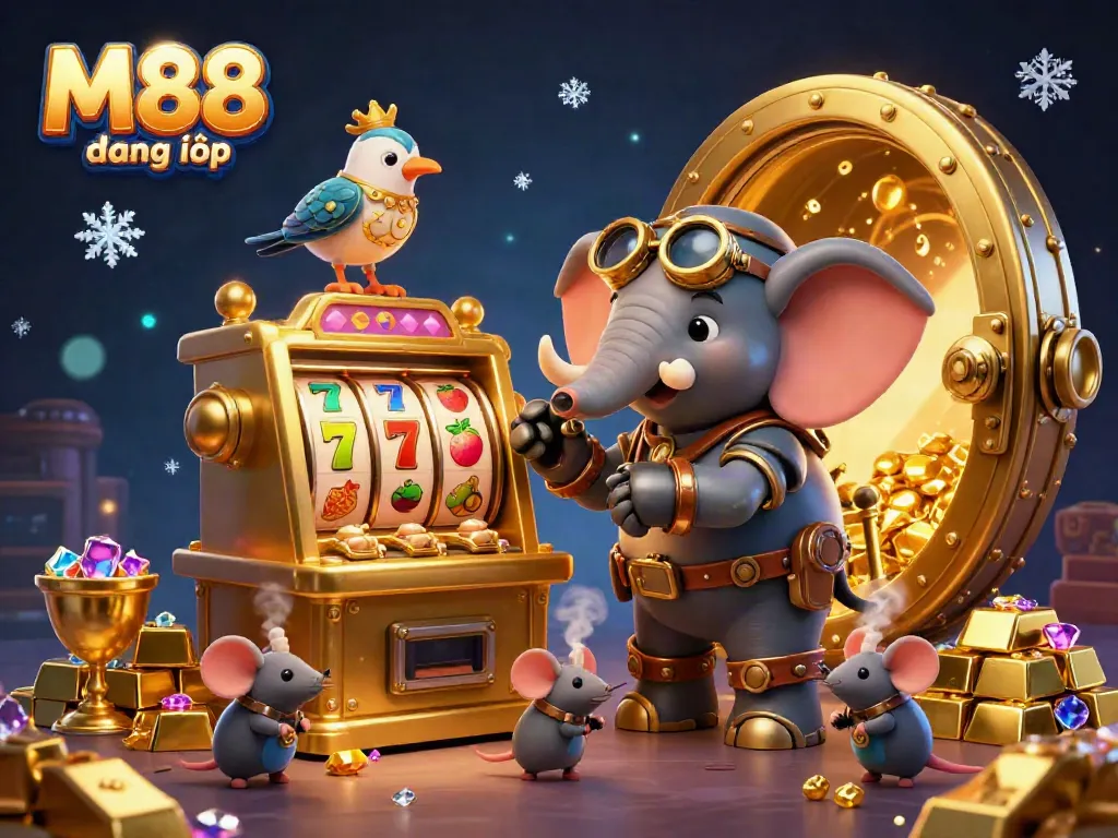 M88 đăng nhập enhances your gaming experience with vibrant steampunk characters around a golden slot machine and treasure elements.
