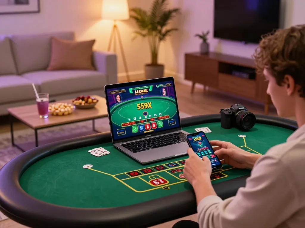 Player engaging with the 559X casino app on a smartphone during an online game night.