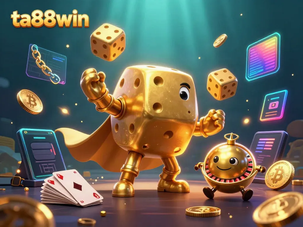 Experience the vibrant world of ta88win with a dynamic scene of gaming, crypto coins, and casino elements.